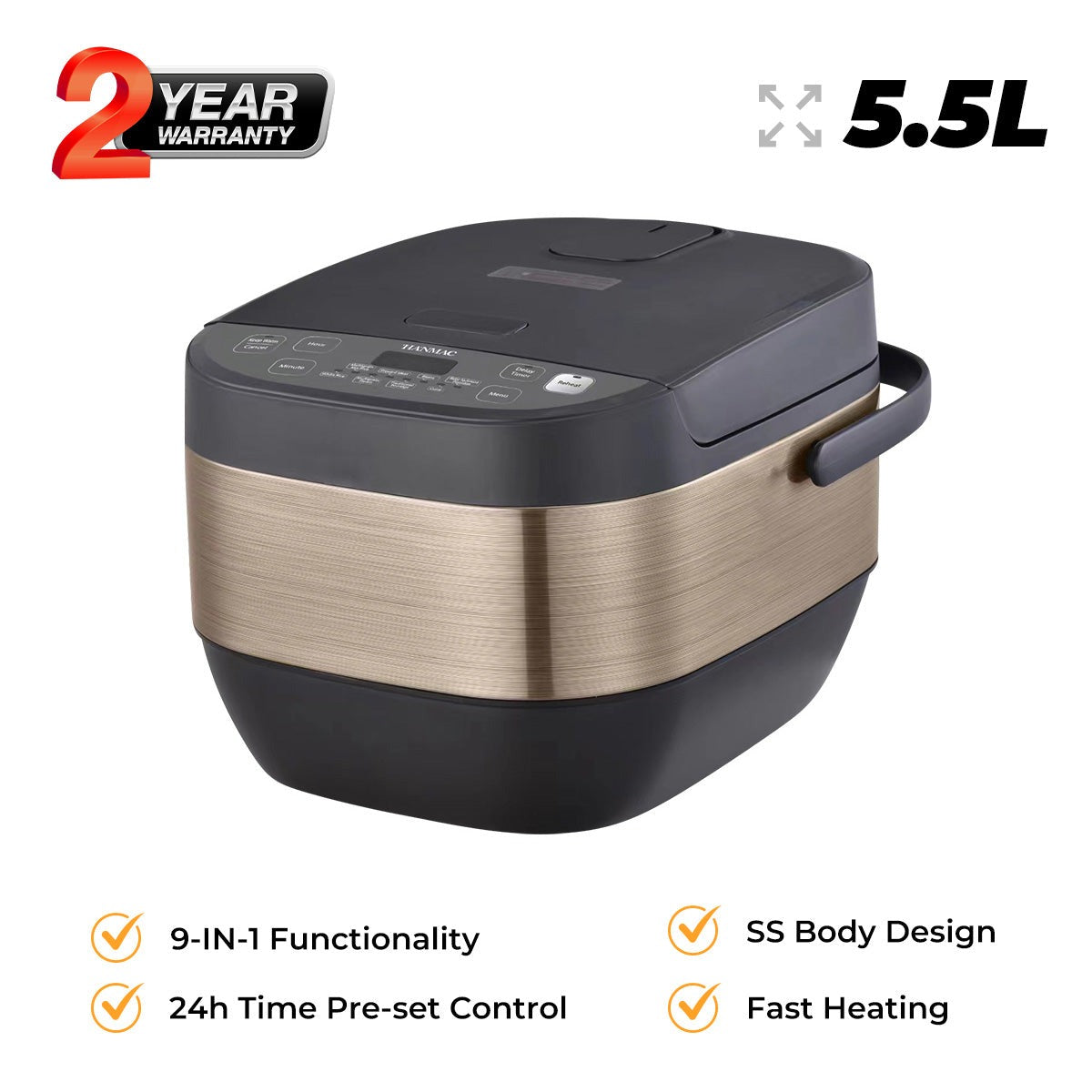 Hanmac  5.5L 9-in-1 Multi Cooker  Rice Cooker– 1100W, Stainless Steel Body, Delay Timer, Non-Stick Bowl & Family-Sized Capacity