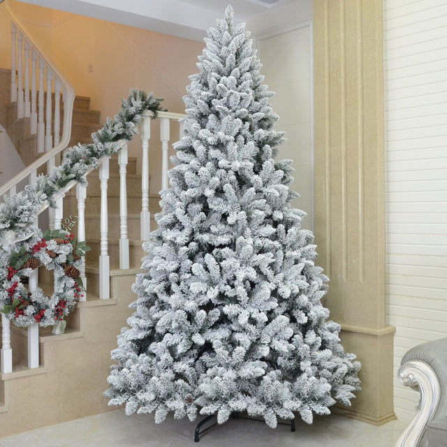 High count heavy snow flocked artificial Christmas tree with pine cones, 7ft and 8ft