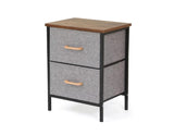 2 drawer fabric bedside table with wood top, grey drawers and black metal frame