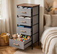 Tall slim 4 drawer fabric storage cabinet with wood top, drawers open showing clothes and toys