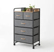 5 drawer fabric storage cabinet on wheels with wood top, grey linen drawers and black frame