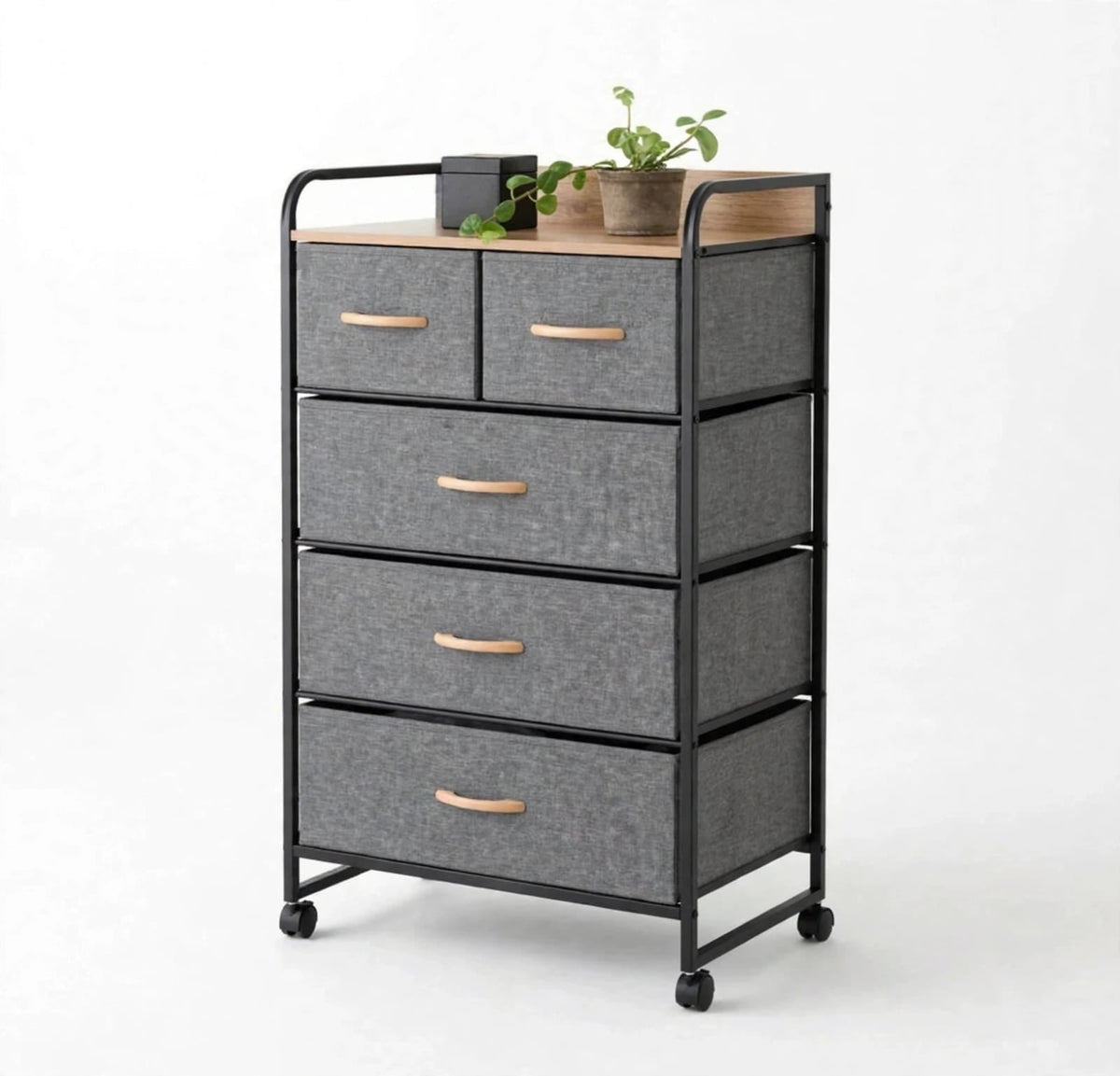 5 drawer fabric storage cabinet on wheels with wood top, grey linen drawers and black frame