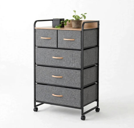 5 drawer fabric storage cabinet on wheels with wood top, grey linen drawers and black frame