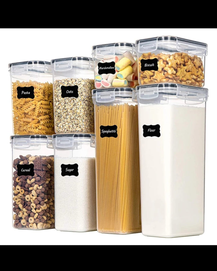 Airtight pantry container set with labels for pasta, flour, cereal and sugar