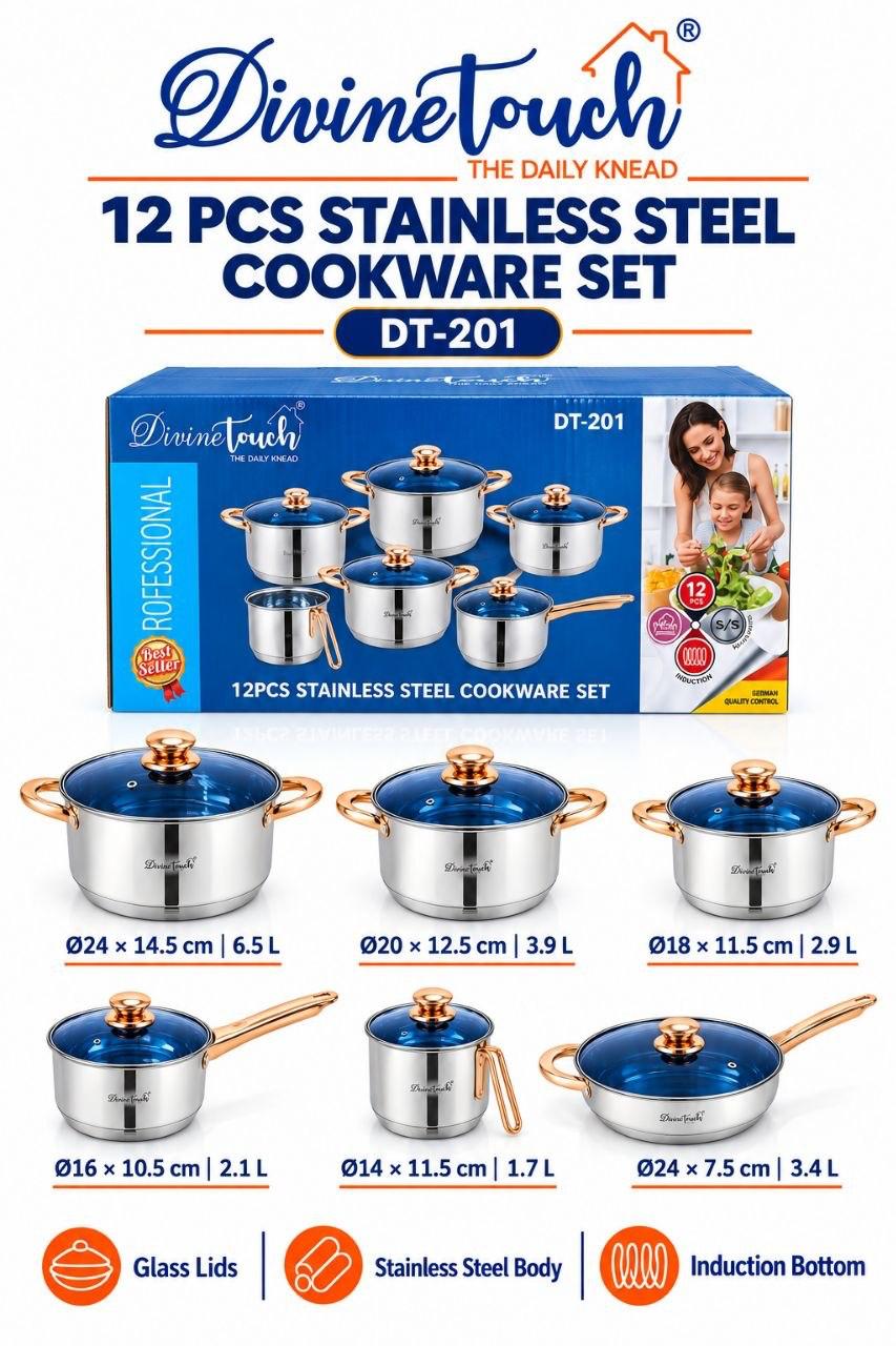 Divine Touch DT-201 12 pcs stainless steel cookware set with blue glass lids and induction base