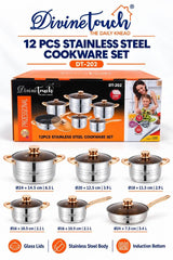 Divine Touch DT-202 12 pcs stainless steel cookware set with glass lids and 7-step induction base