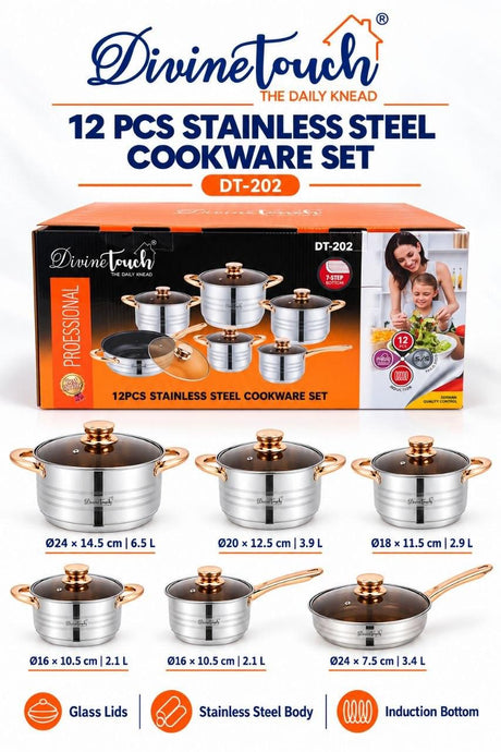 Divine Touch DT-202 12 pcs stainless steel cookware set with glass lids and 7-step induction base