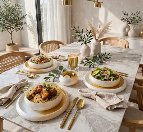 Swirl glass dinner set 18 piece in champagne gold, frosted ombre plates and bowls on a dining table