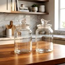 980ml Glass Storage Jars Set of 2 | Clear Pantry Jars with Bird Lid