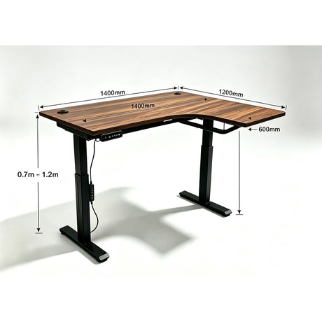L-shaped electric standing desk dimensions: 1400mm by 1200mm, 600mm deep, 0.7m to 1.2m height