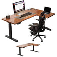L-shaped electric standing desk with walnut top and black frame, monitor and laptop setup