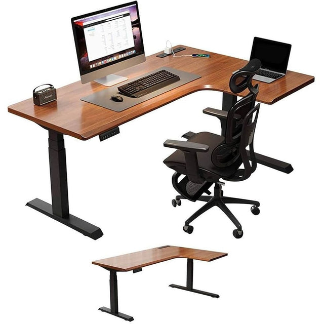 L-shaped electric standing desk with walnut top and black frame, monitor and laptop setup