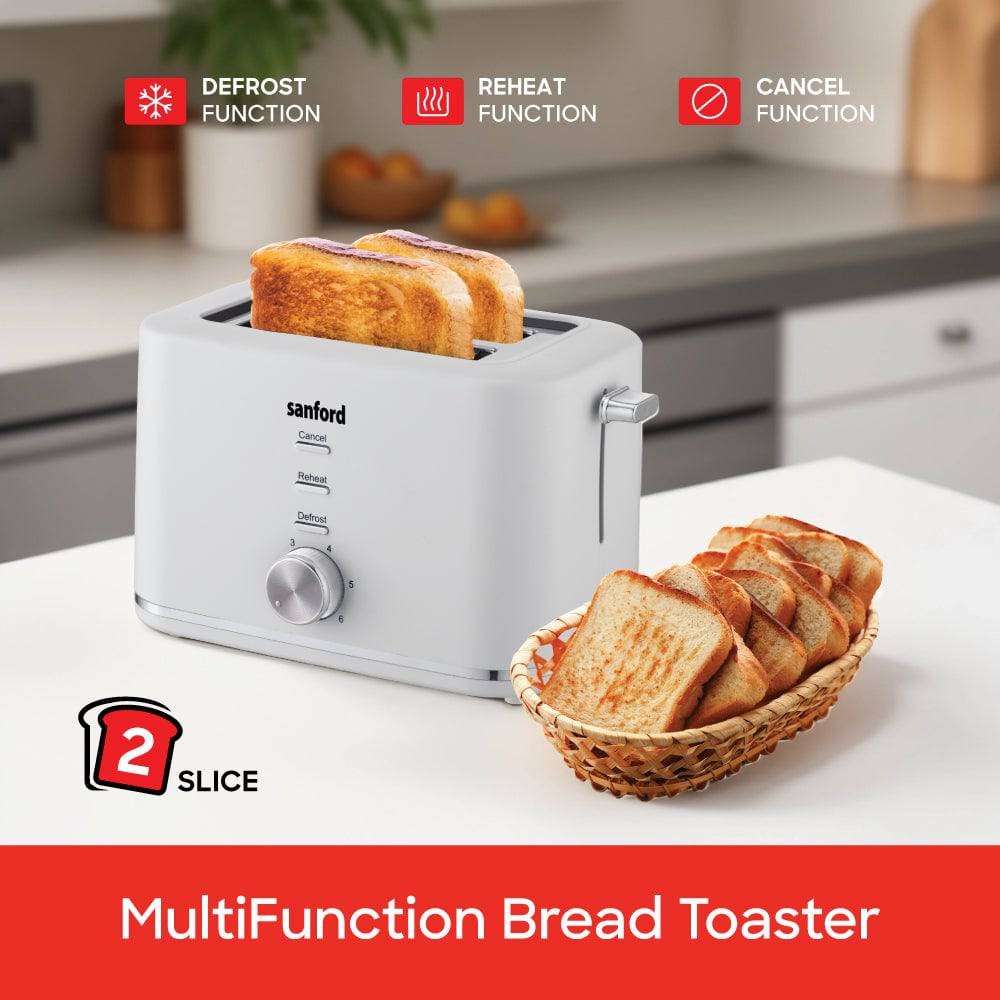 Sanford 2-Slice Toaster with 6 Browning Levels – Defrost, Reheat & Lift-Up Function | Cool Touch Body, Wide Slots – Fast Breakfast Appliance for Home, Office & Dorms