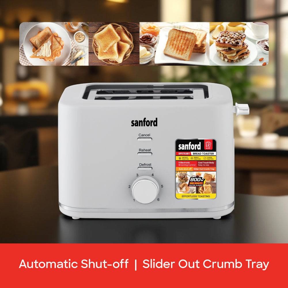 Sanford 2-Slice Toaster with 6 Browning Levels – Defrost, Reheat & Lift-Up Function | Cool Touch Body, Wide Slots – Fast Breakfast Appliance for Home, Office & Dorms