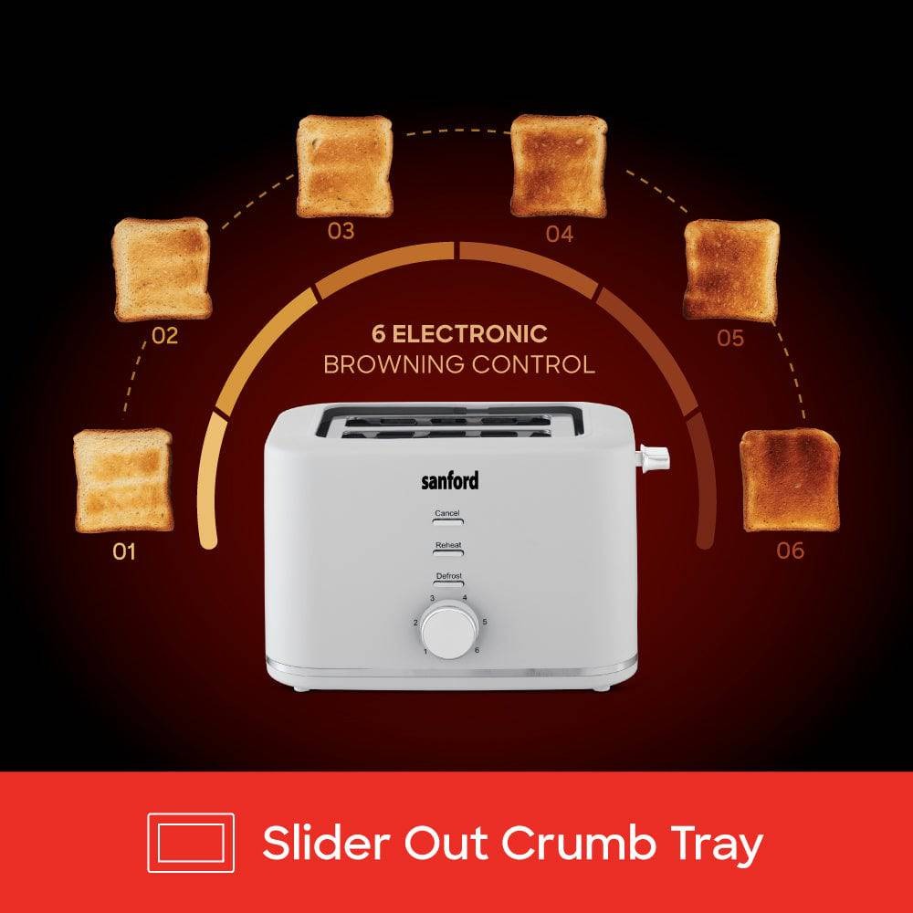 Sanford 2-Slice Toaster with 6 Browning Levels – Defrost, Reheat & Lift-Up Function | Cool Touch Body, Wide Slots – Fast Breakfast Appliance for Home, Office & Dorms