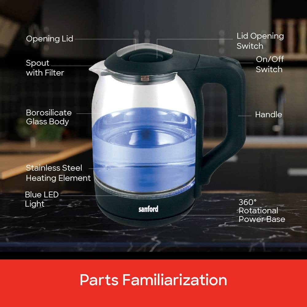 Sanford 1.8L Electric Glass Kettle with Auto Shut-Off and Indicator Light