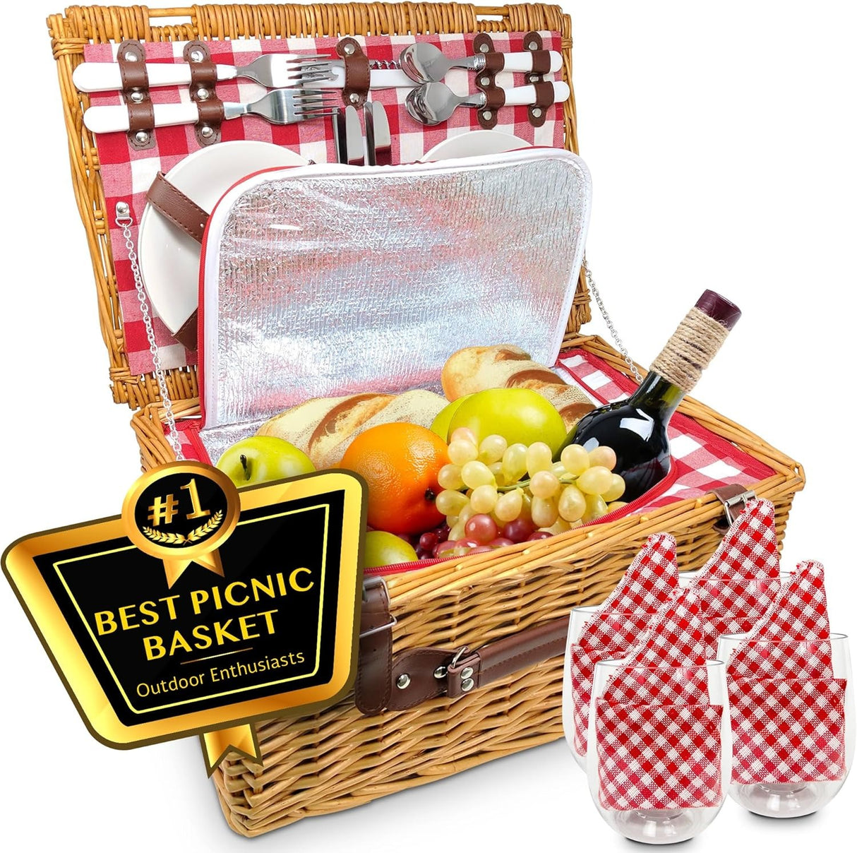 Luxury Picnic Basket for 4 Insulated Wicker Hamper with Plaid Blanket