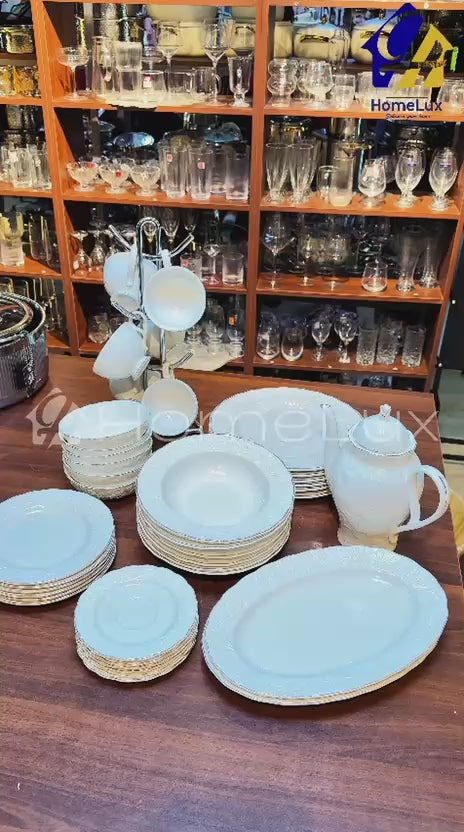 39 Piece White Porcelain Ceramic Dinner Set with Gold Rim 6 Plates 6 Bowls 6 Cups Saucers Platter Kettle