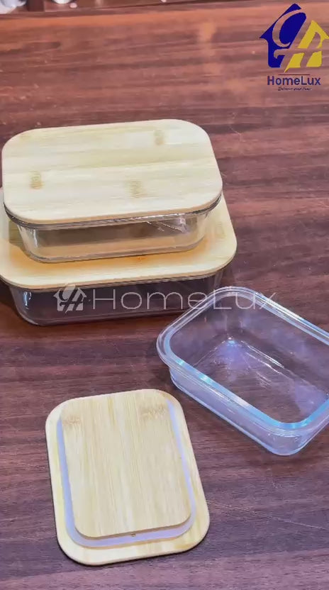 Borosilicate Glass Food Storage Containers with Wooden Lid, 3 pcs Set, Borosilicate Glass, Rectangle Shape, Transparent, Microwave Safe, 370ml, 640ml,1050ml