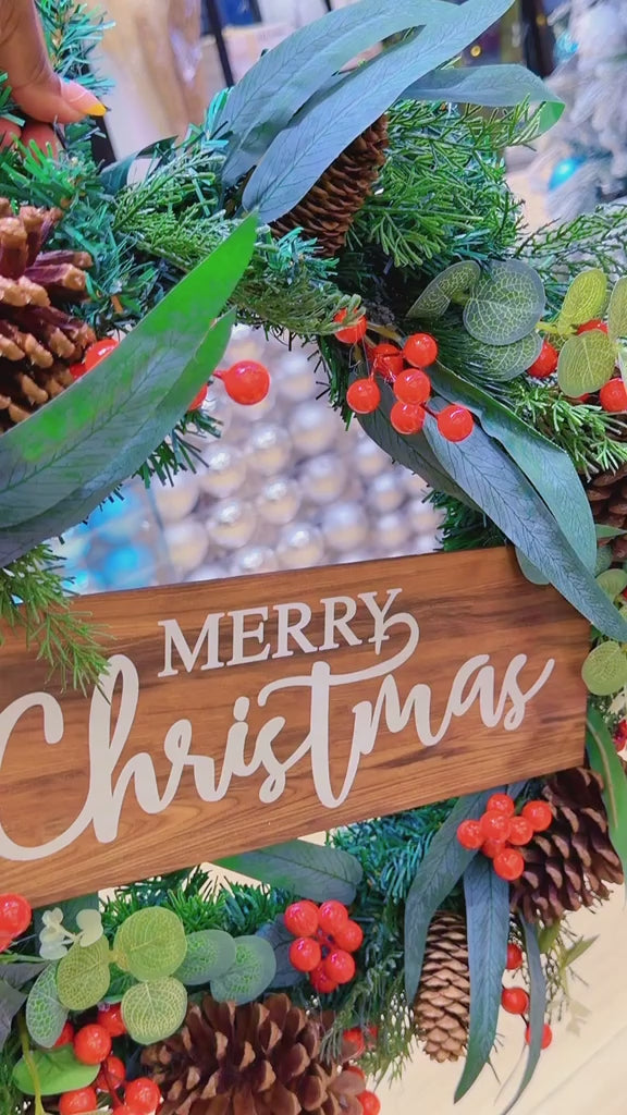 Merry Christmas Door Wreath 50cm with Gold Baubles, Eucalyptus and Ivory Berries | Pine Christmas Wreath for Front Door and Wall