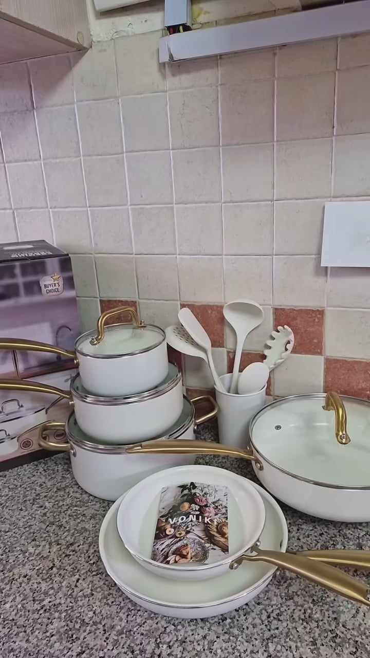 15 Pcs Ceramic Cookware Set PFAS Free PFOA Free with 5 Silicone Spoons Dishwasher Safe