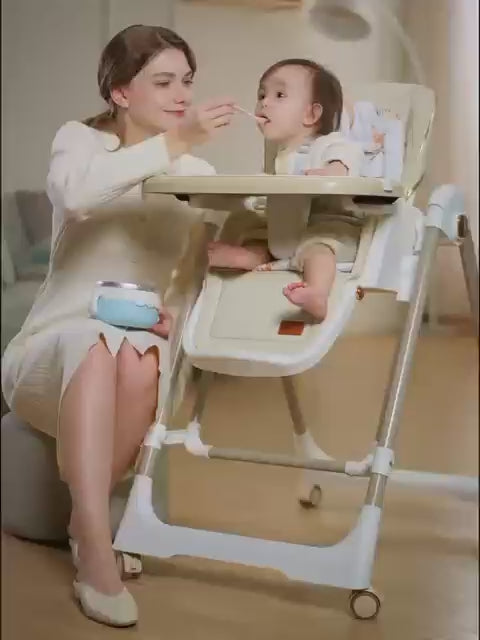 Kids High Feeding Chair, Foldable Swing Chair with Cushion Seat and Detachable Tray, Adjustable Chair with Wheels and Reclining Seat