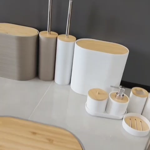 8-Piece Luxury Bamboo Plastic Bathroom Accessories Set Trash Can, Soap Dispenser, Toothbrush Holder & More