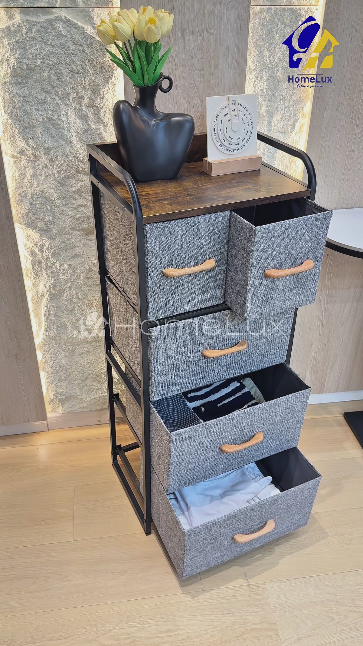 4 Drawer Fabric Storage Cabinet, Tall Slim Drawer Tower with Wood Top, Grey Linen