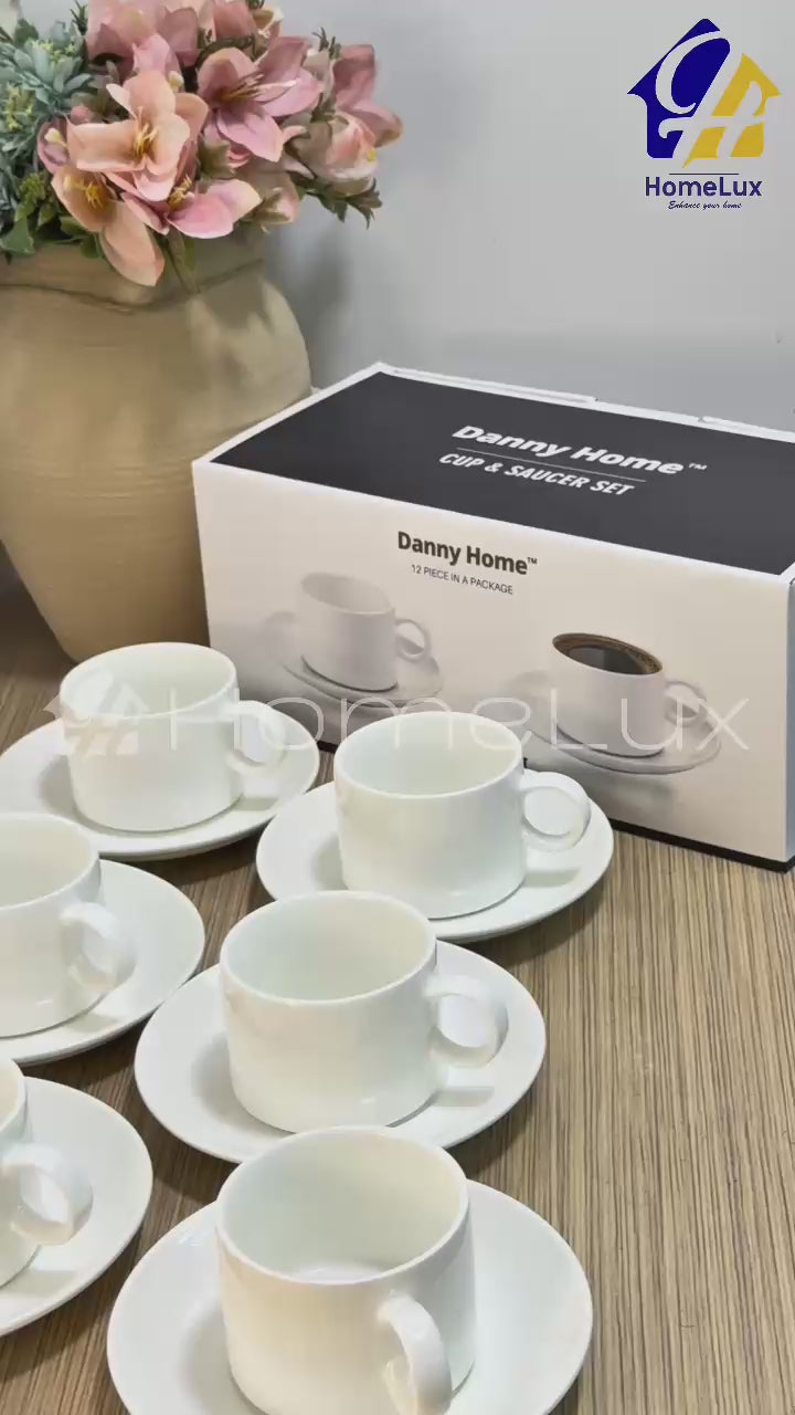 Danny Home 12-Piece Fine Porcelain Cup & Saucer Set | 6 x 260ml Cups & 6 Saucers Plain White