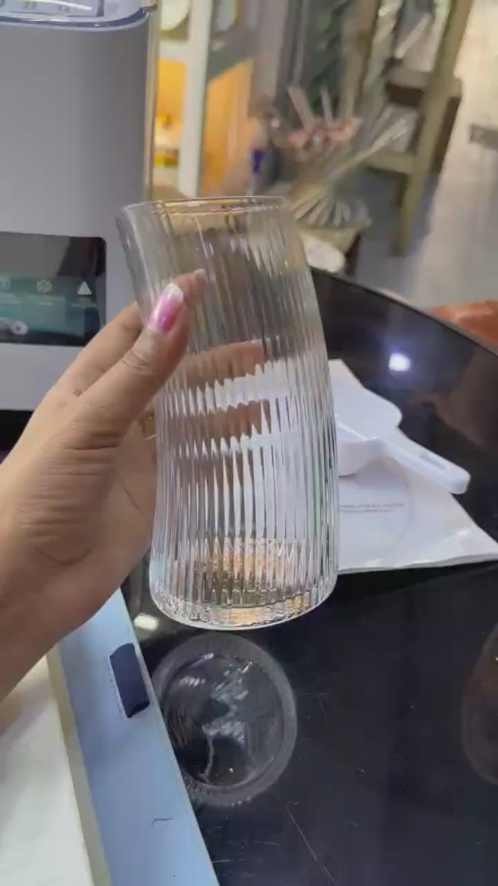 Vertical Striped Crescent Glass – Stylish Borosilicate Drinkware for Juice, Water & Iced Tea 450ml