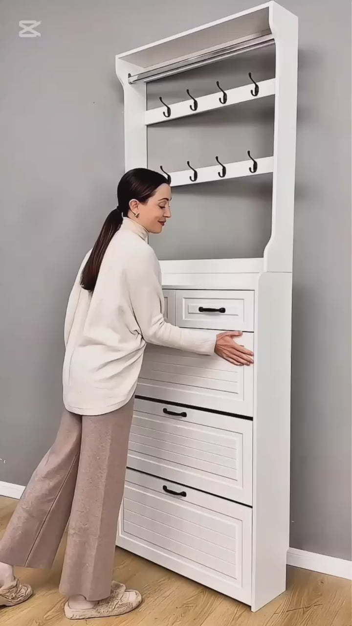 Shoe Cabinet for Entryway,Narrow Shoe Storage Organizer Cabinet with 3 Doors 2 Drawers,White Flip Down Shoe Rack with Hooks,Wood Entry Shoe Cabinet for Living Room,Hallway