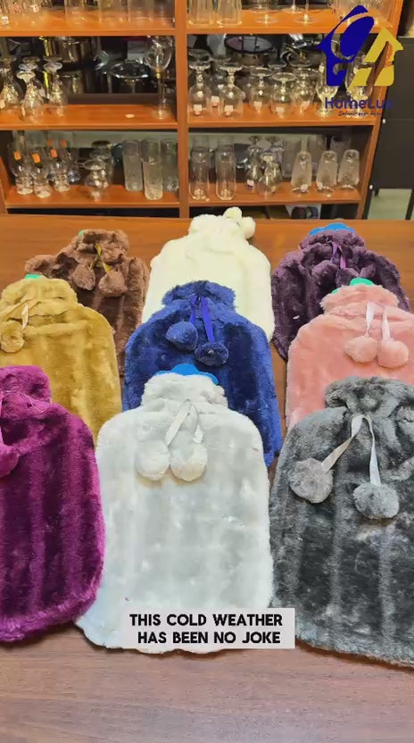 Cosy Faux Fur Pom Pom Hot Water Bottle - 2 Litre