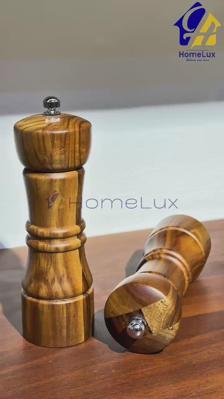 Acacia Wood Salt & Pepper Mill  piece – Manual Grinder & Shaker Mills with Adjustable Metal Mechanism, Refillable