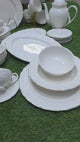 39 Piece White Porcelain Ceramic Dinner Set with Gold Rim 6 Plates 6 Bowls 6 Cups Saucers Platter Kettle