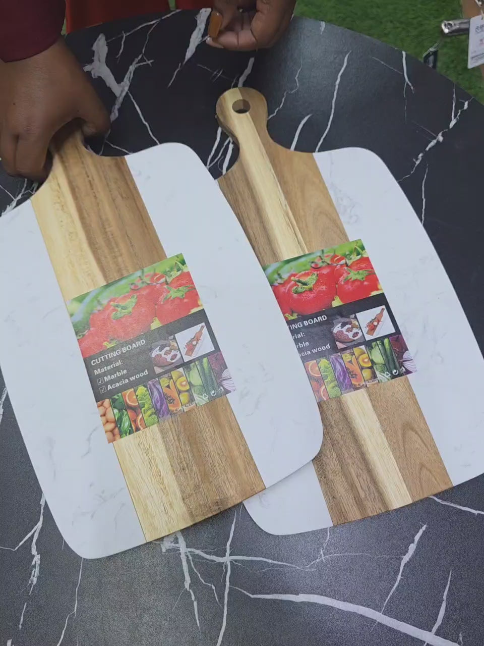 Rectangular Acacia Wood Cutting Board with Natural Marble Inlay Double-Sided Serving & Chopping Board