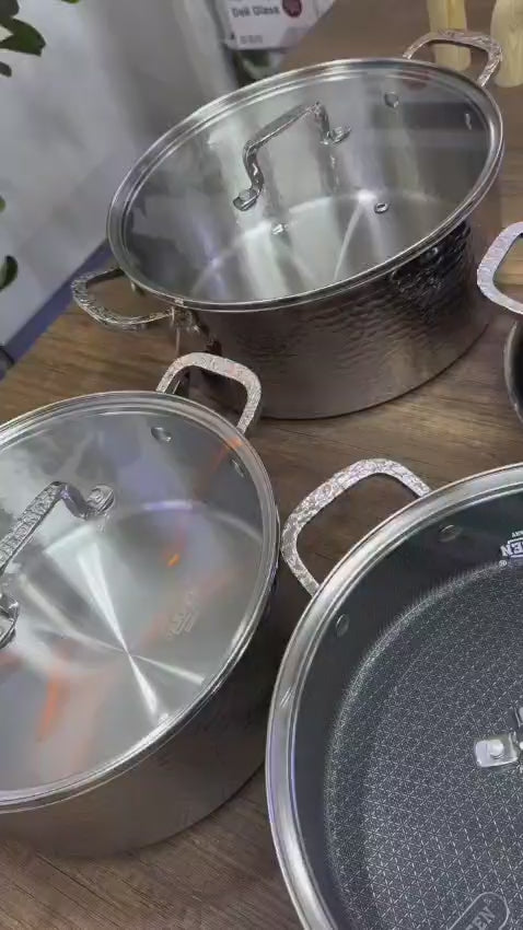 9PCS Tripply Stainless Steel Cookware Set | Hammered Design with Frying Pans | Premium Cookware Kenya