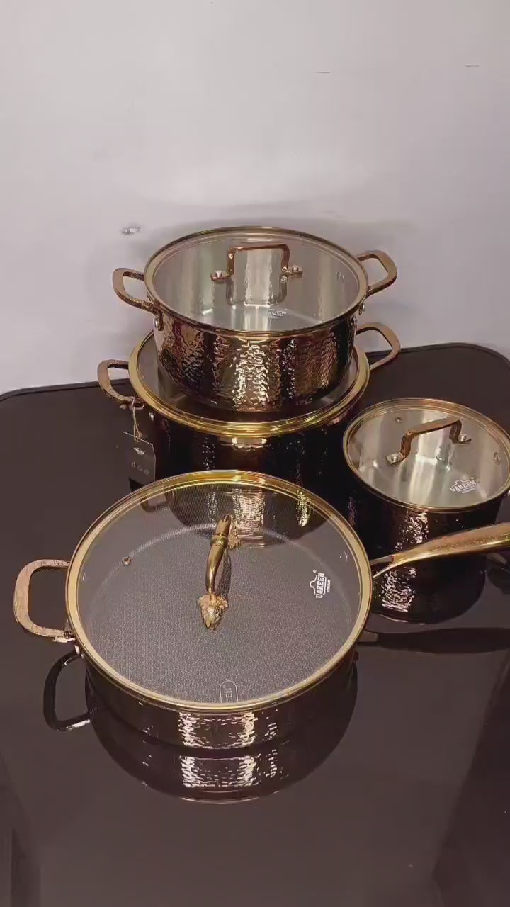 Uakeen Germany 9-Piece Gold Triply Stainless Steel Cookware Set Kenya | Hammered Pattern Cooking Pots & Deep Frying Pan with Lids, Non-Stick Mirror Polish Casserole Set, All Cooktop Compatible Sufuria Set