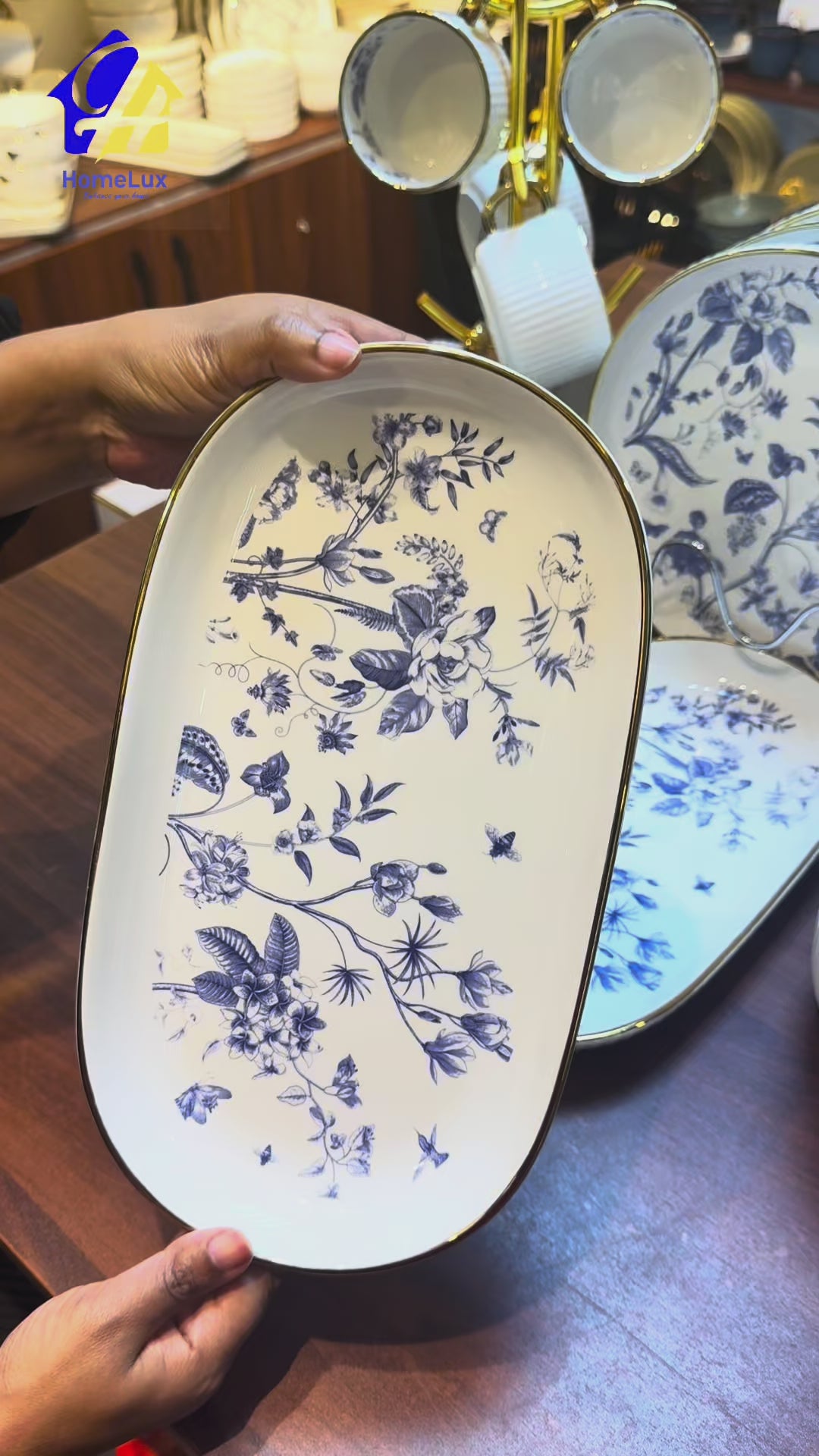 Danny Home 32-Piece Porcelain Dinnerware Set | Blue Floral Gold Edge Dinner Set with Cups, Saucers, Bowls & Oval Platter