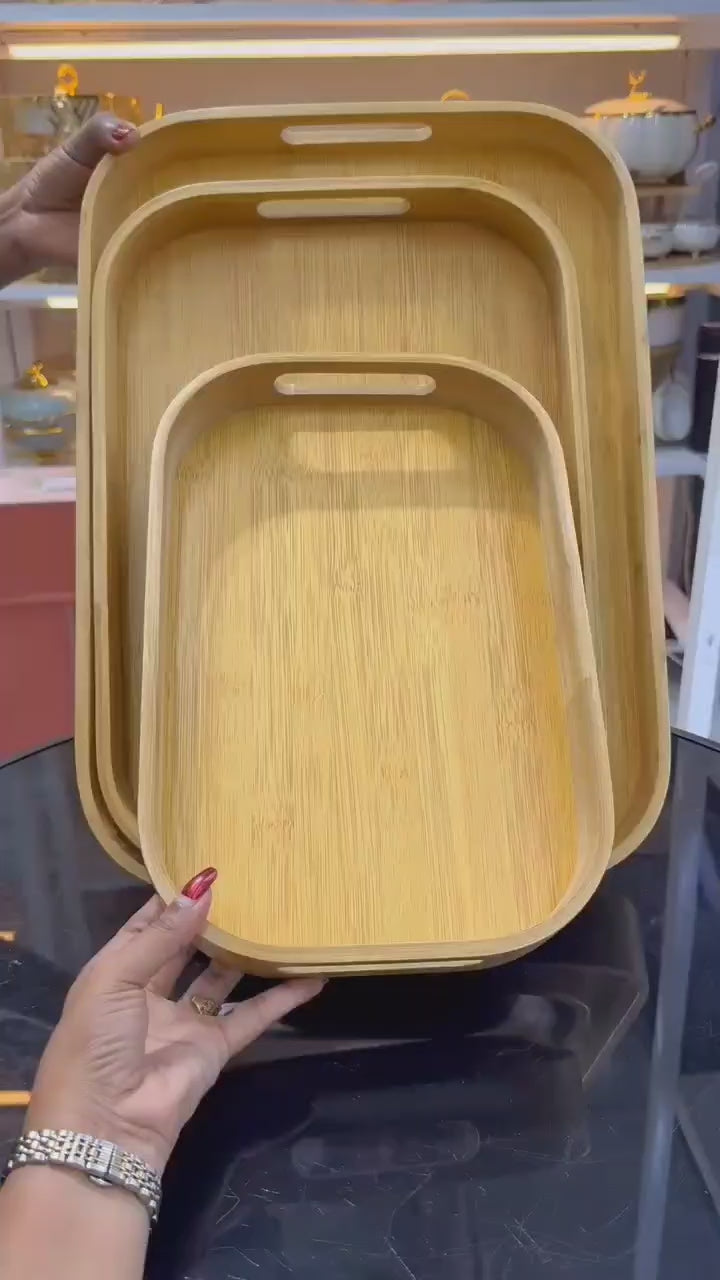 Multi-functional Round Bamboo Serving Trays Wooden Food Trays with Customised Handles – For Home Decor, Breakfast, Tea & Household Use