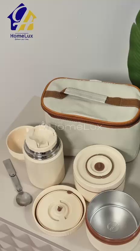 3-in-1 Thermal Lunch Box Set with Flask & Insulated Bag – 5 Pcs