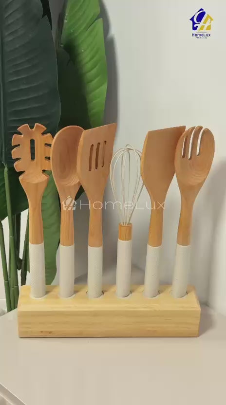 7 Piece Beech Wood Kitchen Utensil Set Kenya | Mwiko Cooking Spoon Set with Wooden Stand, Cream Silicone Handles, Non-Scratch Utensils for Non-Stick Cookware