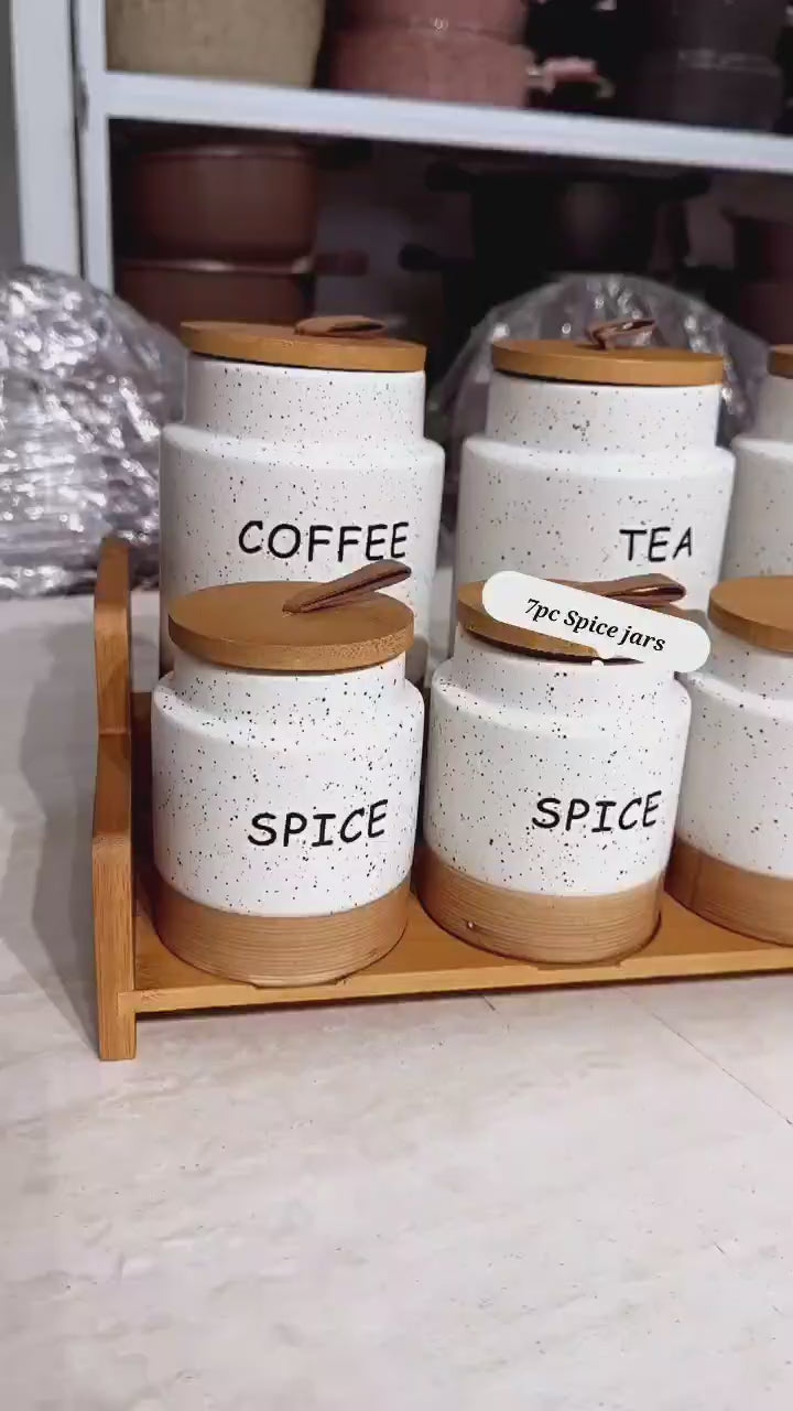 7pc White Speckled Ceramic Canister Set with Wooden Stand – Tea, Coffee, Sugar & Spice Jars Kenya