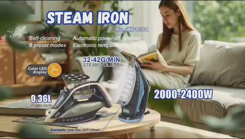 DSP Steam Iron with LED Display – 6 Fabric Presets, Ceramic Soleplate & Auto Power-Off