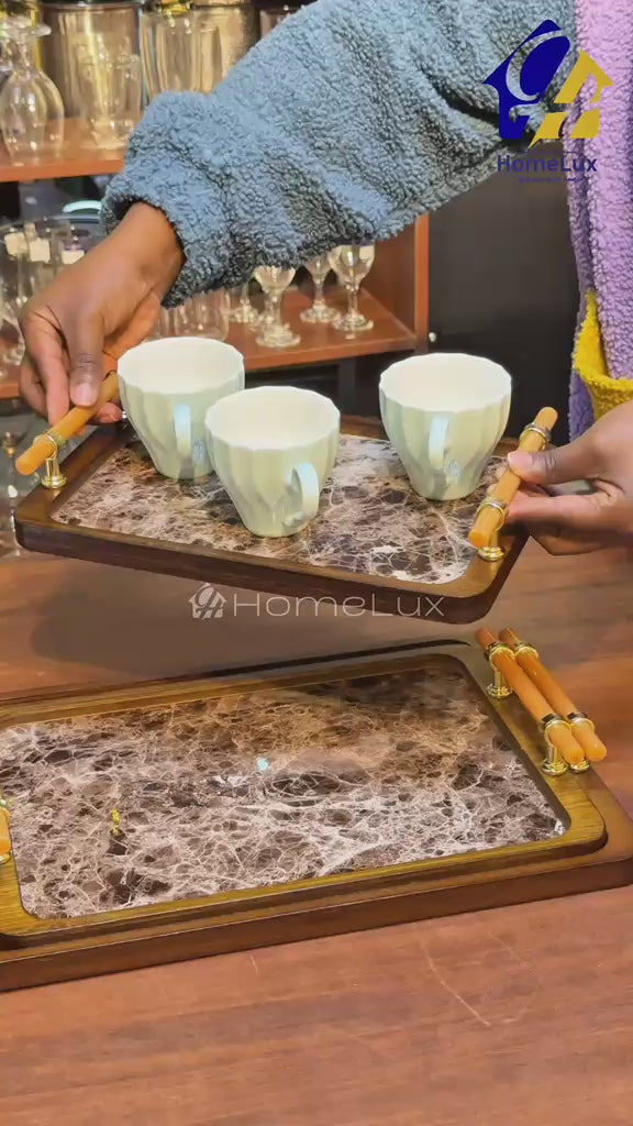 Bamboo Nesting Serving Trays with Grey Handles – Modern 3 Piece Tray Set with Raised Edges for Serving, Coffee Table & Vanity