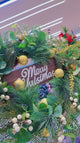 Merry Christmas Door Wreath 50cm with Gold Baubles, Eucalyptus and Ivory Berries | Pine Christmas Wreath for Front Door and Wall