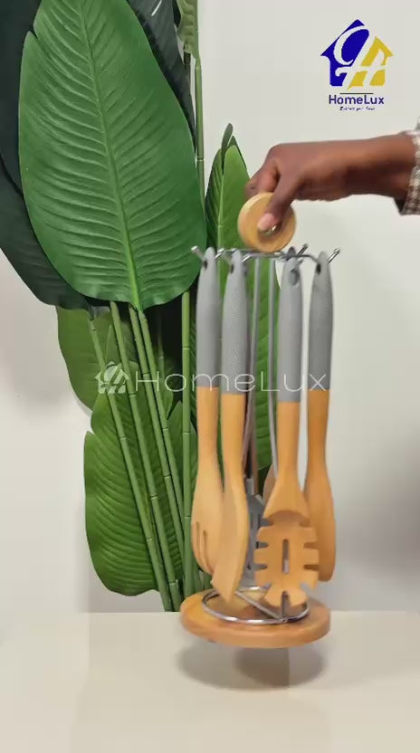 Bamboo Kitchen Utensil Set with Silicone Handles Kenya | 6 Piece Mwiko Cooking Spoon Set with Stand, Non-Scratch Utensils for Non-Stick Cookware