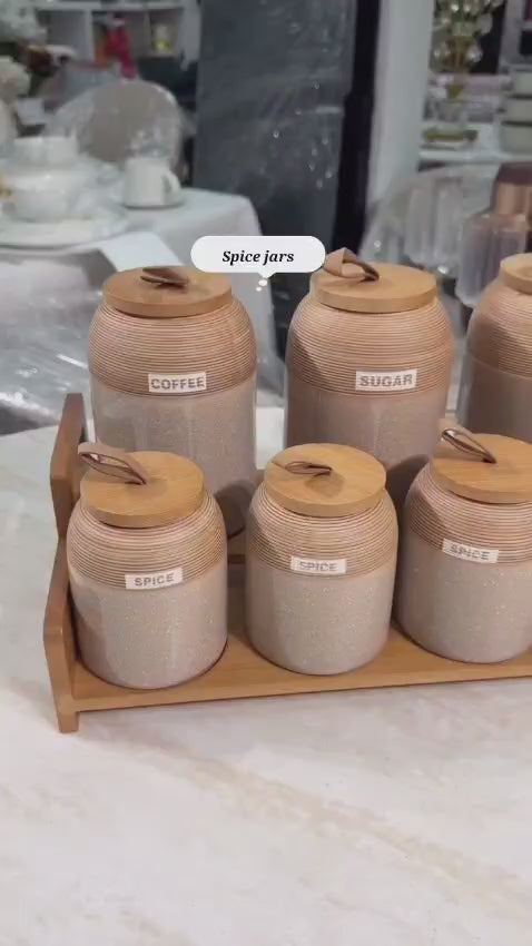 7pc Speckled Ceramic Spice Jar Set with Wooden Stand – Japandi Kitchen Storage Kenya