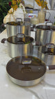 10 Piece Titanium Non-Stick Triply 18/10 Stainless Steel Cookware Set Kenya | Wood Handle Sufuria Set with Amber Glass Lids, Induction Compatible