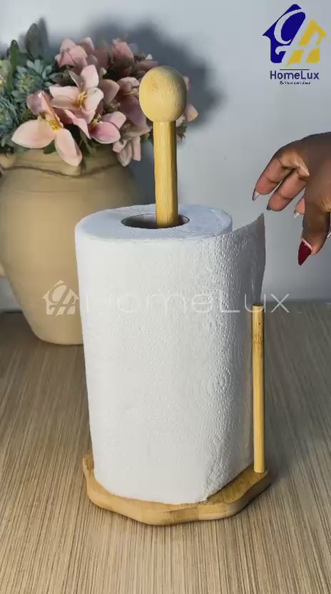 Bamboo Paper Towel Holder with Weighted Base – Freestanding Kitchen Roll Stand with Ball Top, One-Hand Tear