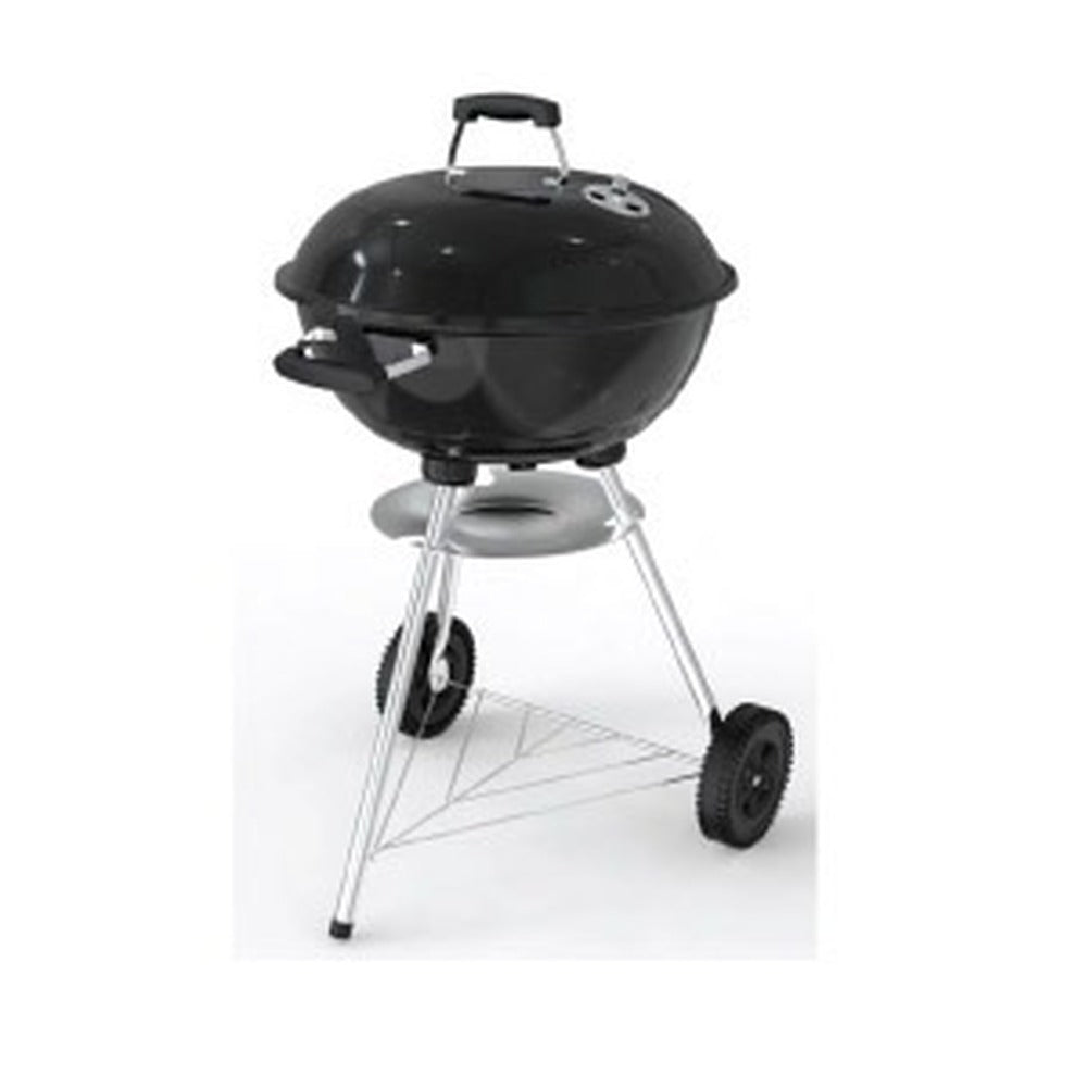 Round kettle charcoal BBQ grill with black enamel lid and wheels